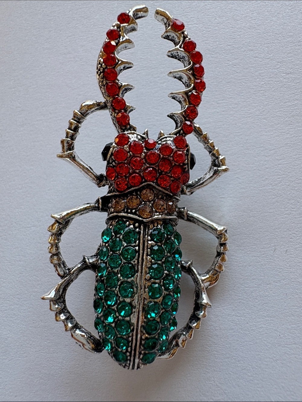 Rhinestone Beetle Brooch in Red and Emerald Green